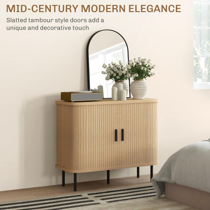 Mid-Century Modern Sideboard Cabinet with Slatted Tambour Sliding Doors and Steel Legs - Oak Tone