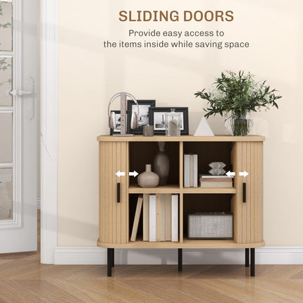Mid-Century Modern Sideboard Cabinet with Slatted Tambour Sliding Doors and Steel Legs - Oak Tone