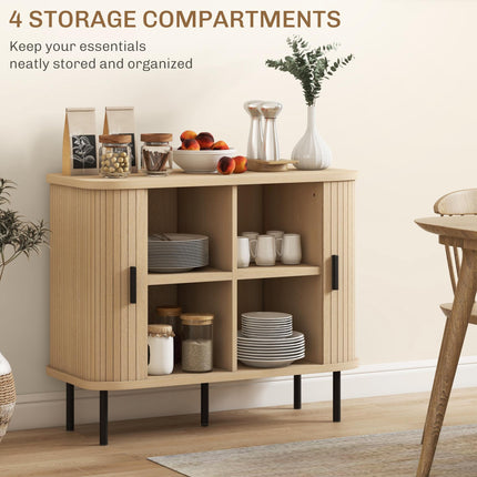 Mid-Century Modern Sideboard Cabinet with Slatted Tambour Sliding Doors and Steel Legs - Oak Tone