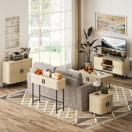 Mid-Century Modern Sideboard Cabinet with Slatted Tambour Sliding Doors and Steel Legs - Oak Tone