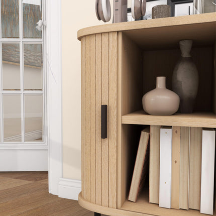 Mid-Century Modern Sideboard Cabinet with Slatted Tambour Sliding Doors and Steel Legs - Oak Tone