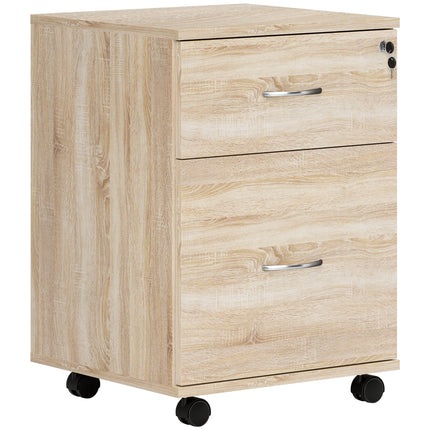 Two Drawer Lockable Filing Cabinet with Wheels - Oak Wood Effect