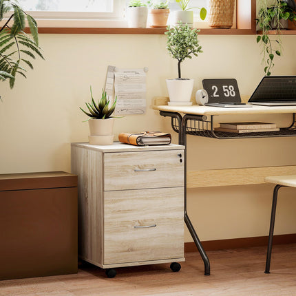 Two Drawer Lockable Filing Cabinet with Wheels - Oak Wood Effect