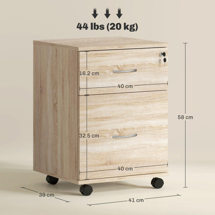 Two Drawer Lockable Filing Cabinet with Wheels - Oak Wood Effect