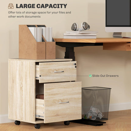 Two Drawer Lockable Filing Cabinet with Wheels - Oak Wood Effect