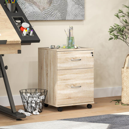Two Drawer Lockable Filing Cabinet with Wheels - Oak Wood Effect