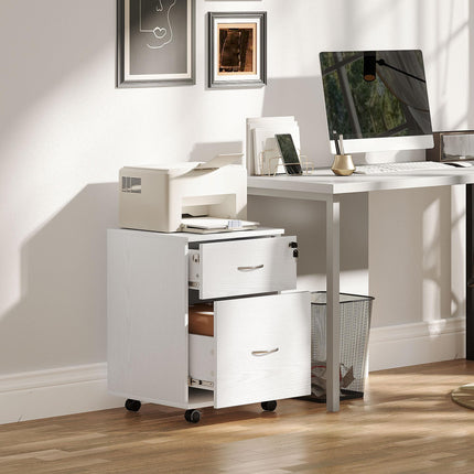 Two Drawer Lockable Filing Cabinet with Wheels - White Wood Grain
