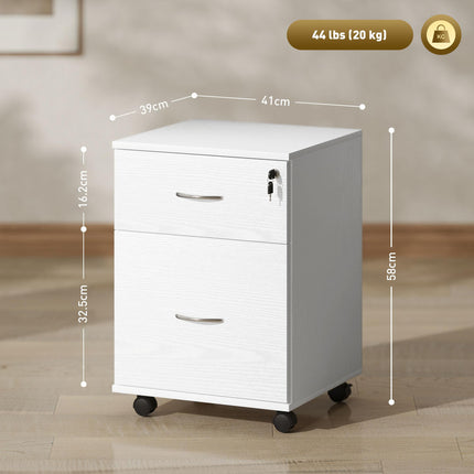 Two Drawer Lockable Filing Cabinet with Wheels - White Wood Grain