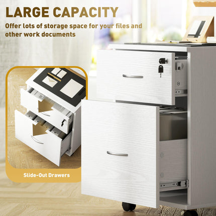 Two Drawer Lockable Filing Cabinet with Wheels - White Wood Grain