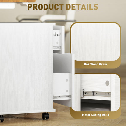 Two Drawer Lockable Filing Cabinet with Wheels - White Wood Grain