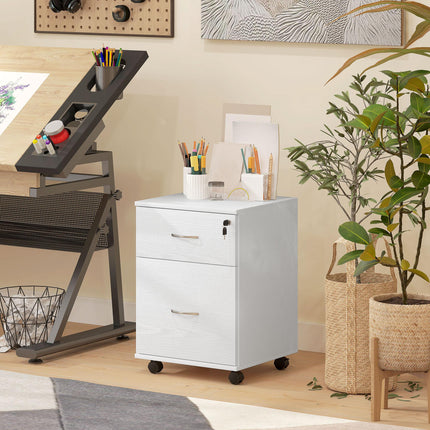 Two Drawer Lockable Filing Cabinet with Wheels - White Wood Grain