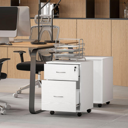 Two Drawer Lockable Filing Cabinet with Wheels - White Wood Grain