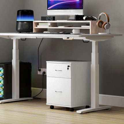 Two Drawer Lockable Filing Cabinet with Wheels - White Wood Grain