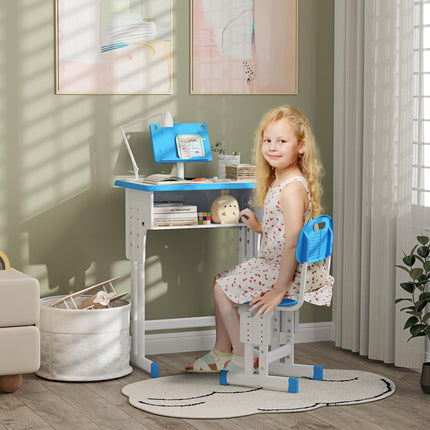 Adjustable Kids Desk and Chair Set with Book Stand and Pen Slot - Blue