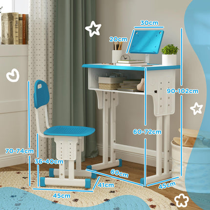 Adjustable Kids Desk and Chair Set with Book Stand and Pen Slot - Blue