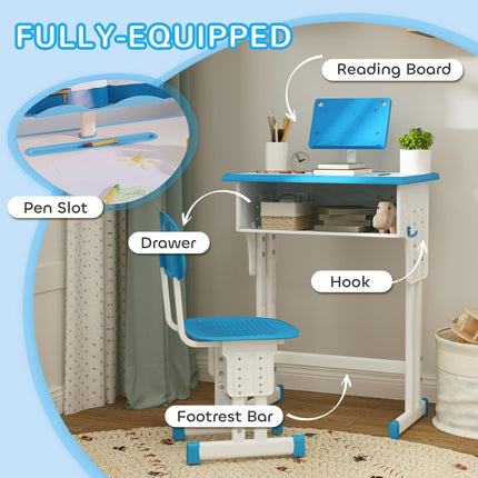 Adjustable Kids Desk and Chair Set with Book Stand and Pen Slot - Blue