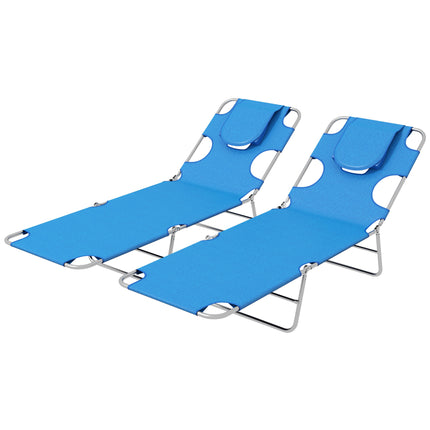 Foldable Sun Lounger Set of 2 with Reading Hole, 5-Level Adjustable Backrest, Side Pocket & Headrest Pillow - Blue