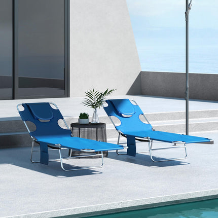Foldable Sun Lounger Set of 2 with Reading Hole, 5-Level Adjustable Backrest, Side Pocket & Headrest Pillow - Blue