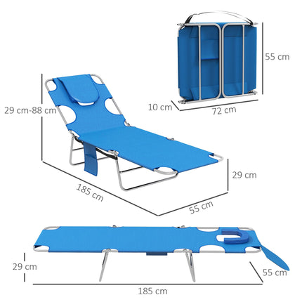 Foldable Sun Lounger Set of 2 with Reading Hole, 5-Level Adjustable Backrest, Side Pocket & Headrest Pillow - Blue