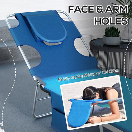 Foldable Sun Lounger Set of 2 with Reading Hole, 5-Level Adjustable Backrest, Side Pocket & Headrest Pillow - Blue