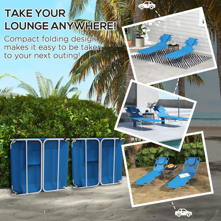 Foldable Sun Lounger Set of 2 with Reading Hole, 5-Level Adjustable Backrest, Side Pocket & Headrest Pillow - Blue