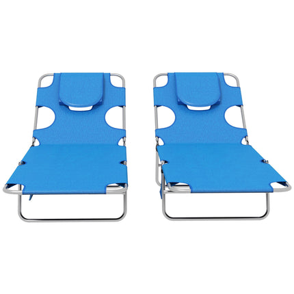 Foldable Sun Lounger Set of 2 with Reading Hole, 5-Level Adjustable Backrest, Side Pocket & Headrest Pillow - Blue