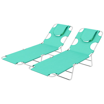 Foldable Sun Lounger Set of 2 with Reading Hole, 5-Level Adjustable Backrest, Side Pocket & Headrest Pillow - Green