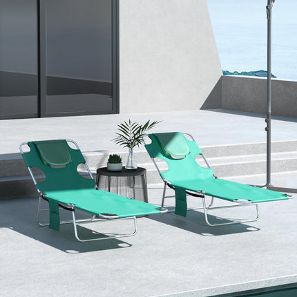 Foldable Sun Lounger Set of 2 with Reading Hole, 5-Level Adjustable Backrest, Side Pocket & Headrest Pillow - Green