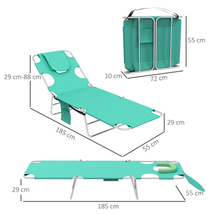 Foldable Sun Lounger Set of 2 with Reading Hole, 5-Level Adjustable Backrest, Side Pocket & Headrest Pillow - Green