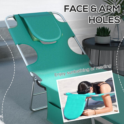 Foldable Sun Lounger Set of 2 with Reading Hole, 5-Level Adjustable Backrest, Side Pocket & Headrest Pillow - Green