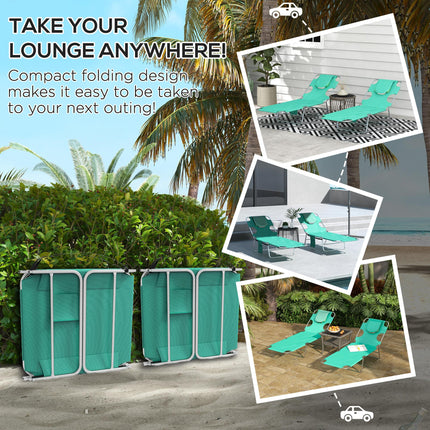 Foldable Sun Lounger Set of 2 with Reading Hole, 5-Level Adjustable Backrest, Side Pocket & Headrest Pillow - Green