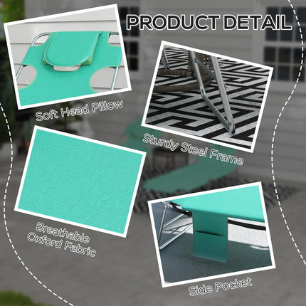 Foldable Sun Lounger Set of 2 with Reading Hole, 5-Level Adjustable Backrest, Side Pocket & Headrest Pillow - Green