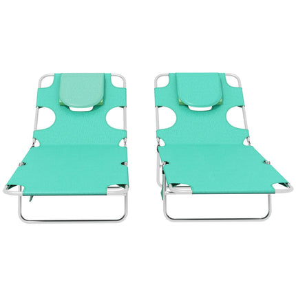 Foldable Sun Lounger Set of 2 with Reading Hole, 5-Level Adjustable Backrest, Side Pocket & Headrest Pillow - Green