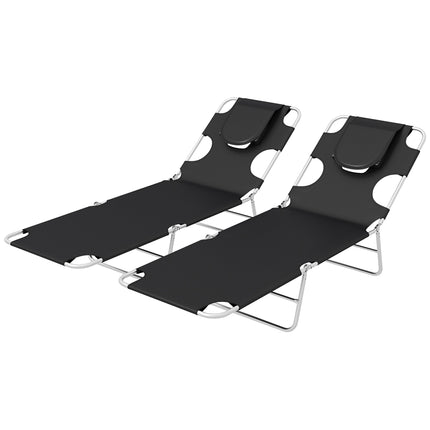 Foldable Sun Lounger Set of 2 with Reading Hole, Arm Slots, 5-Position Adjustable Backrest, Side Pocket & Pillow - Black
