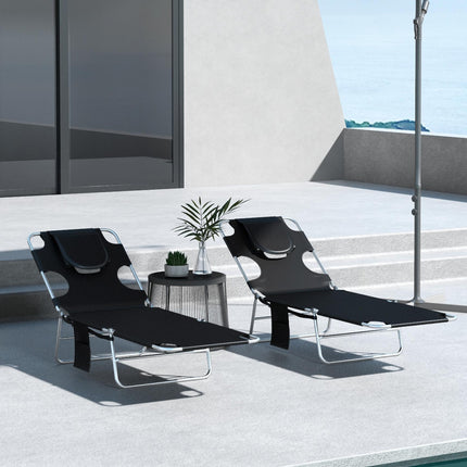 Foldable Sun Lounger Set of 2 with Reading Hole, Arm Slots, 5-Position Adjustable Backrest, Side Pocket & Pillow - Black