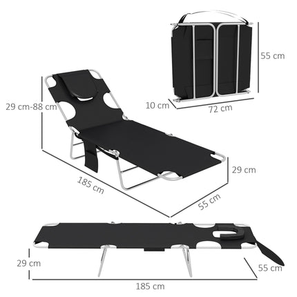 Foldable Sun Lounger Set of 2 with Reading Hole, Arm Slots, 5-Position Adjustable Backrest, Side Pocket & Pillow - Black