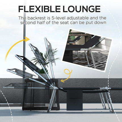 Foldable Sun Lounger Set of 2 with Reading Hole, Arm Slots, 5-Position Adjustable Backrest, Side Pocket & Pillow - Black