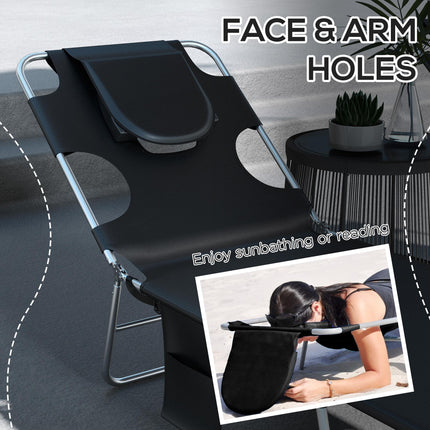 Foldable Sun Lounger Set of 2 with Reading Hole, Arm Slots, 5-Position Adjustable Backrest, Side Pocket & Pillow - Black