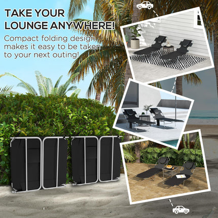 Foldable Sun Lounger Set of 2 with Reading Hole, Arm Slots, 5-Position Adjustable Backrest, Side Pocket & Pillow - Black