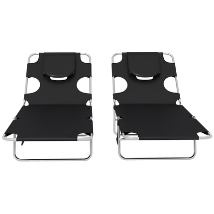 Foldable Sun Lounger Set of 2 with Reading Hole, Arm Slots, 5-Position Adjustable Backrest, Side Pocket & Pillow - Black