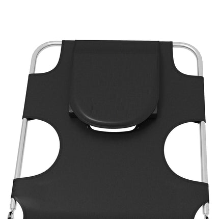 Foldable Sun Lounger Set of 2 with Reading Hole, Arm Slots, 5-Position Adjustable Backrest, Side Pocket & Pillow - Black