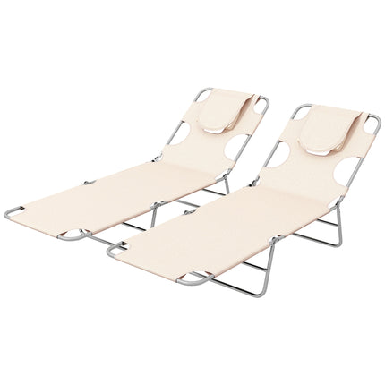Foldable Sun Lounger Set of 2 with Reading Hole, Arm Slots, 5-Position Backrest, Side Pocket & Pillow - Beige