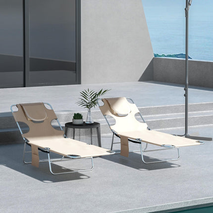 Foldable Sun Lounger Set of 2 with Reading Hole, Arm Slots, 5-Position Backrest, Side Pocket & Pillow - Beige