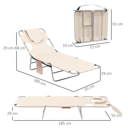 Foldable Sun Lounger Set of 2 with Reading Hole, Arm Slots, 5-Position Backrest, Side Pocket & Pillow - Beige