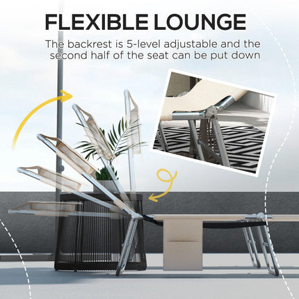 Foldable Sun Lounger Set of 2 with Reading Hole, Arm Slots, 5-Position Backrest, Side Pocket & Pillow - Beige
