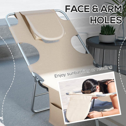 Foldable Sun Lounger Set of 2 with Reading Hole, Arm Slots, 5-Position Backrest, Side Pocket & Pillow - Beige