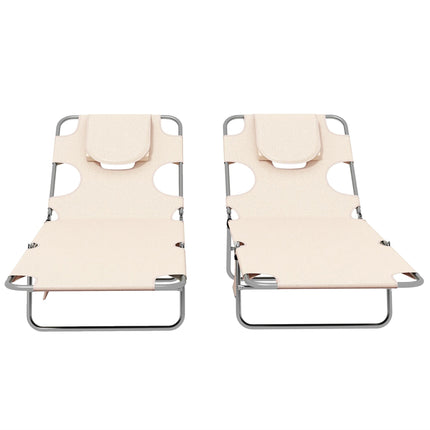 Foldable Sun Lounger Set of 2 with Reading Hole, Arm Slots, 5-Position Backrest, Side Pocket & Pillow - Beige