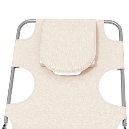 Foldable Sun Lounger Set of 2 with Reading Hole, Arm Slots, 5-Position Backrest, Side Pocket & Pillow - Beige