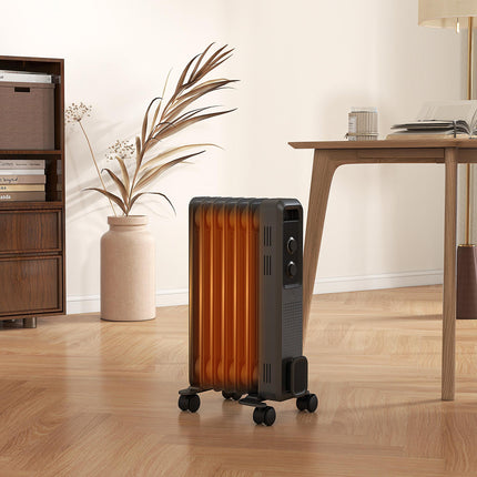 1500W Oil Filled Radiator with 7 Fins, 3 Heat Settings, Safety Cut-Off & Wheels - Grey