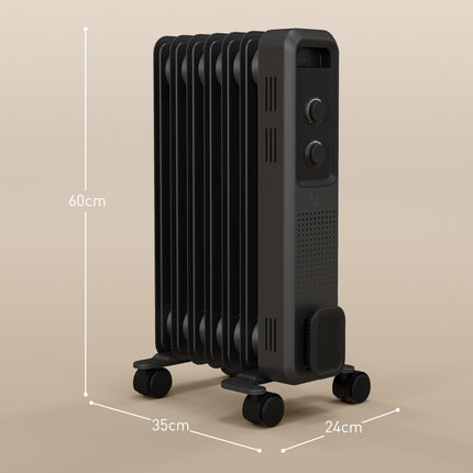 1500W Oil Filled Radiator with 7 Fins, 3 Heat Settings, Safety Cut-Off & Wheels - Grey